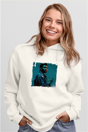The Weeknd Baskılı Unisex Beyaz Kapüşonlu Sweatshirt