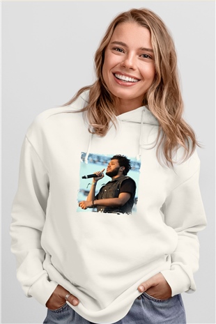 The Weeknd Baskılı Unisex Beyaz Kapüşonlu Sweatshirt