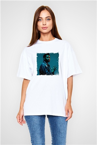 The Weeknd Baskılı Oversize Beyaz Tişört