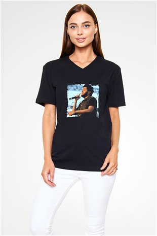The Weeknd Baskılı Unisex Siyah V Yaka Tişört