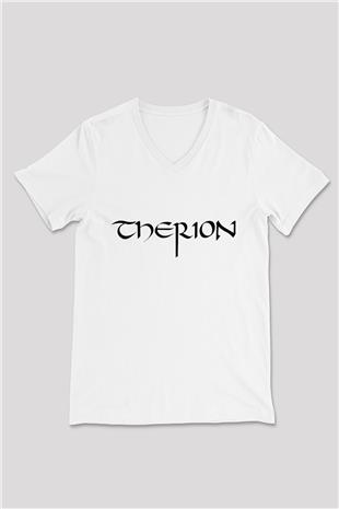 Therion Baskılı Beyaz Unisex V Yaka Tişört - Tshirt