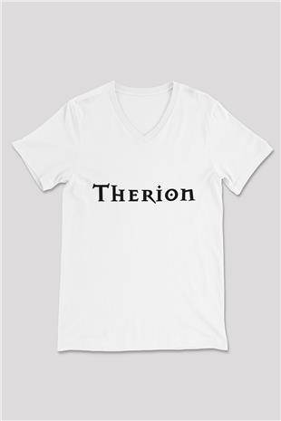 Therion Baskılı Beyaz Unisex V Yaka Tişört - Tshirt