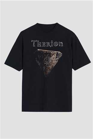 Therion Baskılı Unisex Siyah Oversize Tişört - Tshirt