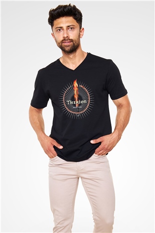 Therion Baskılı Unisex Siyah V Yaka Tişört - Tshirt