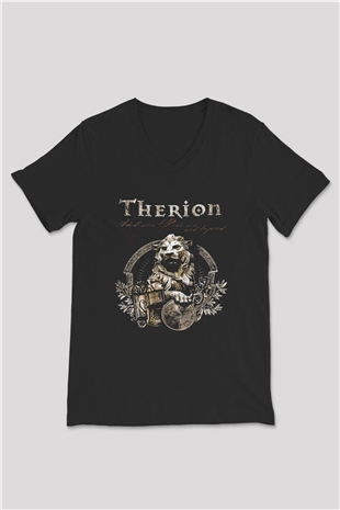 Therion Baskılı Unisex Siyah V Yaka Tişört - Tshirt