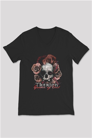 Therion Baskılı Unisex Siyah V Yaka Tişört - Tshirt