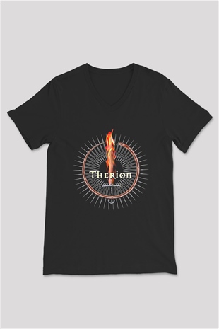 Therion Baskılı Unisex Siyah V Yaka Tişört - Tshirt