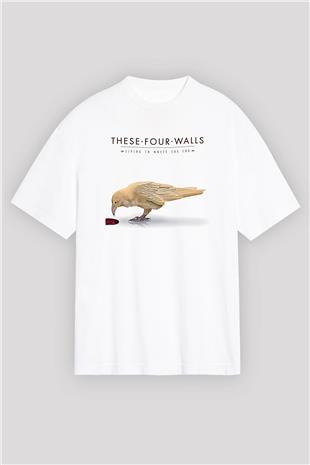 These Four Walls Baskılı Beyaz Unisex Oversize Tişört - Tshirt