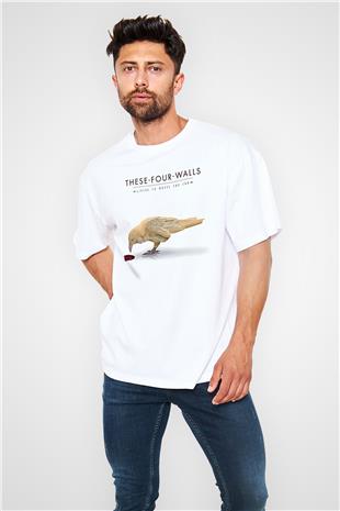 These Four Walls Baskılı Beyaz Unisex Oversize Tişört - Tshirt