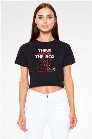 Think Outside Box Baskılı  Siyah  Crop Top Tişört