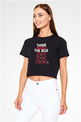 Think Outside Box Baskılı  Siyah  Crop Top Tişört