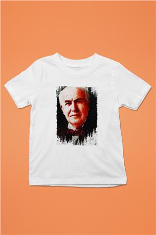 Thomas Alva Edison Baskılı Unisex Beyaz Çocuk Tişörtü - Tshirt
