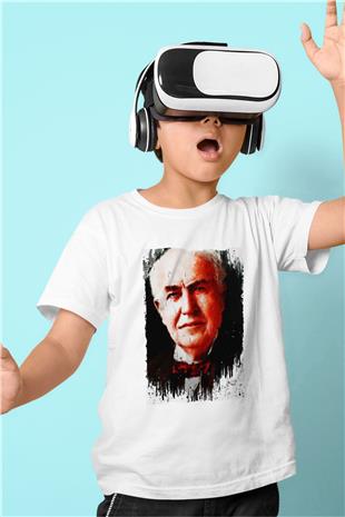 Thomas Alva Edison Baskılı Unisex Beyaz Çocuk Tişörtü - Tshirt