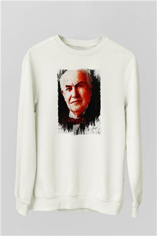 Thomas Alva Edison Baskılı Unisex Ekru Sweatshirt