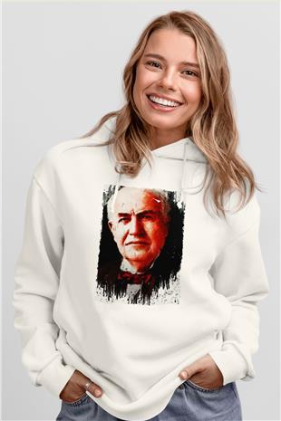 Thomas Alva Edison Baskılı Unisex Ekru Hoodie