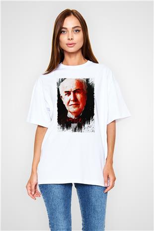 Thomas Alva Edison Baskılı Unisex Oversize Beyaz Tişört - Tshirt