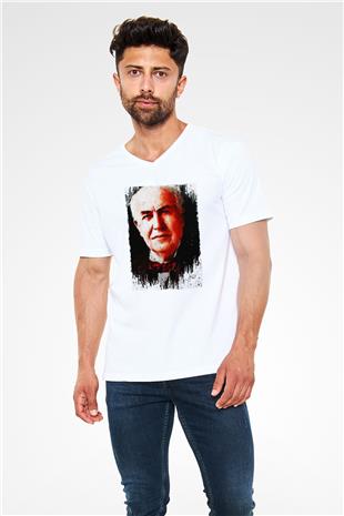 Thomas Alva Edison Baskılı Unisex V Yaka Beyaz Tişört - Tshirt