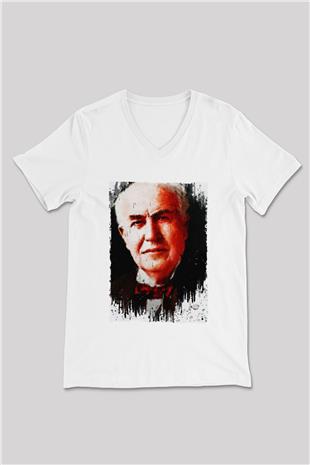 Thomas Alva Edison Baskılı Unisex V Yaka Beyaz Tişört - Tshirt