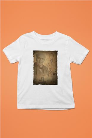 Thomas Edison Baskılı Unisex Beyaz Çocuk Tişörtü - Tshirt