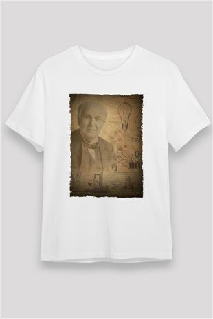 Thomas Edison Baskılı Unisex Beyaz Tişört - Tshirt