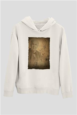 Thomas Edison Baskılı Unisex Ekru Hoodie