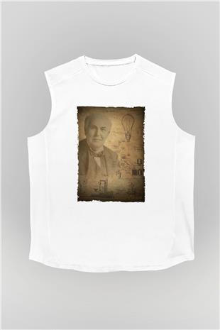 Thomas Edison Baskılı Unisex Kolsuz Beyaz Tişört - Tshirt