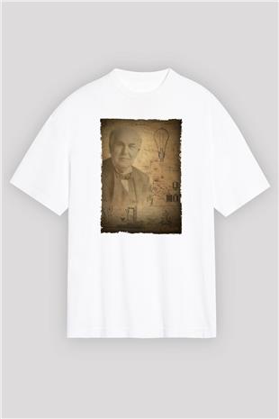 Thomas Edison Baskılı Unisex Oversize Beyaz Tişört - Tshirt