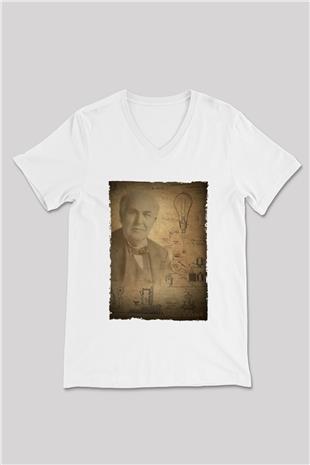 Thomas Edison Baskılı Unisex V Yaka Beyaz Tişört - Tshirt