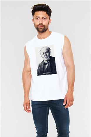Thomas Edison Renkli Portre Baskılı Unisex Kolsuz Beyaz Tişört - Tshirt