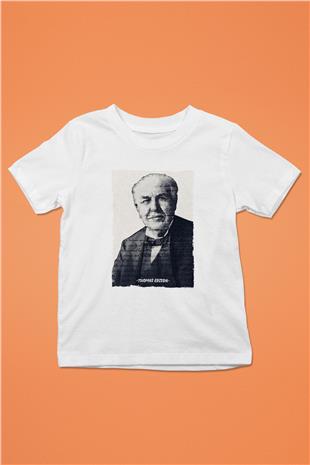 Thomas Edison Renkli Portre Baskılı Unisex Beyaz Çocuk Tişörtü - Tshirt