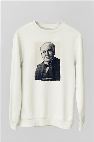 Thomas Edison Renkli Portre Baskılı Unisex Ekru Sweatshirt