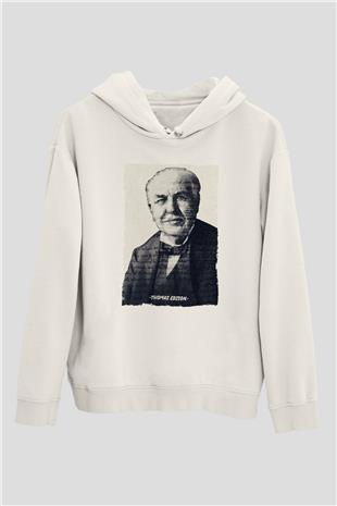 Thomas Edison Renkli Portre Baskılı Unisex Ekru Hoodie