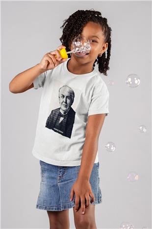 Thomas Edison Renkli Portre Baskılı Unisex Beyaz Çocuk Tişörtü - Tshirt
