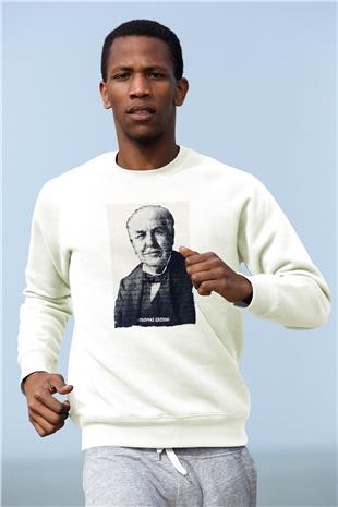Thomas Edison Renkli Portre Baskılı Unisex Ekru Sweatshirt