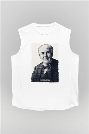 Thomas Edison Renkli Portre Baskılı Unisex Kolsuz Beyaz Tişört - Tshirt