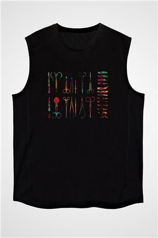 Tıbbi Aletler Baskılı Unisex Kolsuz Siyah Tişört - Tshirt