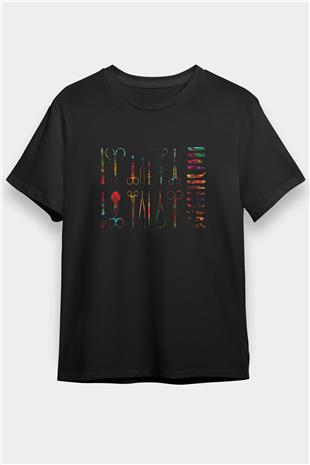 Tıbbi Aletler Baskılı Unisex Siyah Tişört - Tshirt