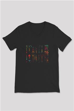 Tıbbi Aletler Baskılı Unisex V Yaka Siyah Tİşört - Tshirt