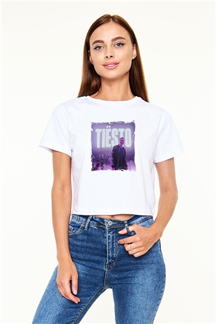 Tiesto Baskılı Beyaz Kadın Crop Top Tişört