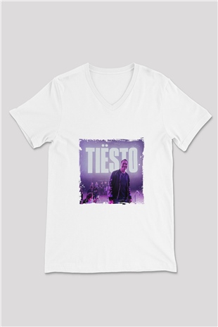 Tiesto Baskılı Beyaz V Yaka Unisex Tişört