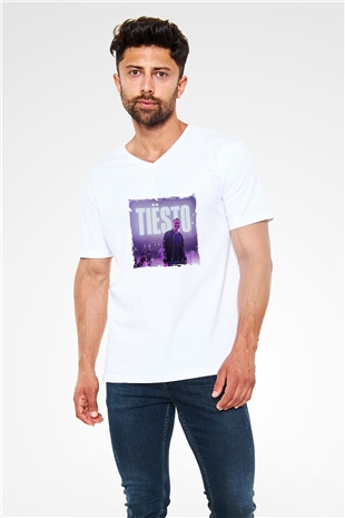 Tiesto Baskılı Beyaz V Yaka Unisex Tişört