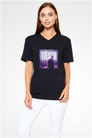 Tiesto Baskılı Unisex Siyah V Yaka Tişört