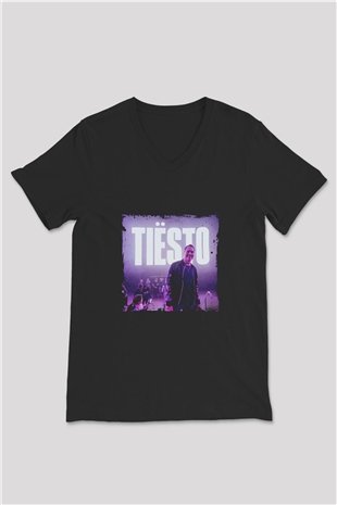 Tiesto Baskılı Unisex Siyah V Yaka Tişört