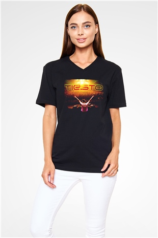 Tiesto Siyah Unisex V Yaka Tişört