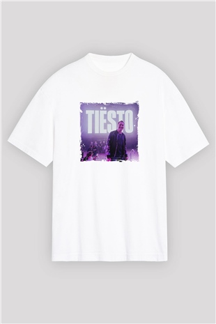 TiestoBaskılı Beyaz Oversize Tişört
