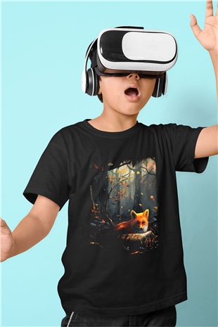 Tilki Baskılı Siyah Unisex Çocuk Tişört