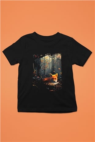 Tilki Baskılı Siyah Unisex Çocuk Tişört