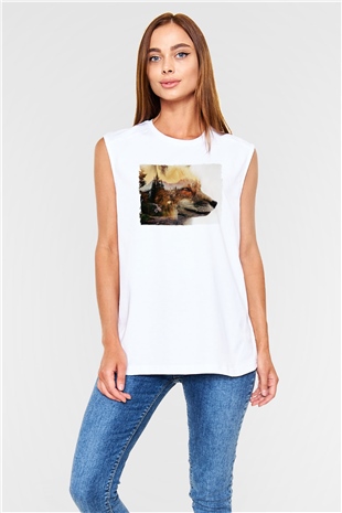 Tilki Baskılı Unisex Beyaz  Kolsuz Tişört