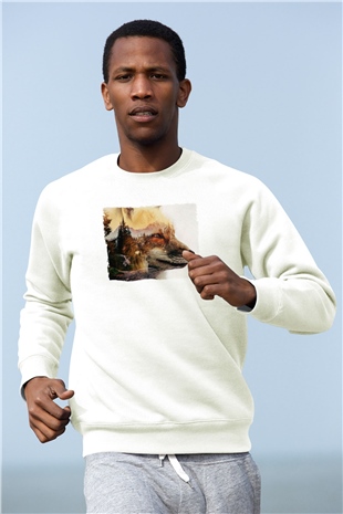 Tilki Baskılı Unisex Beyaz  Sweatshirt