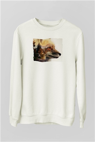 Tilki Baskılı Unisex Beyaz  Sweatshirt